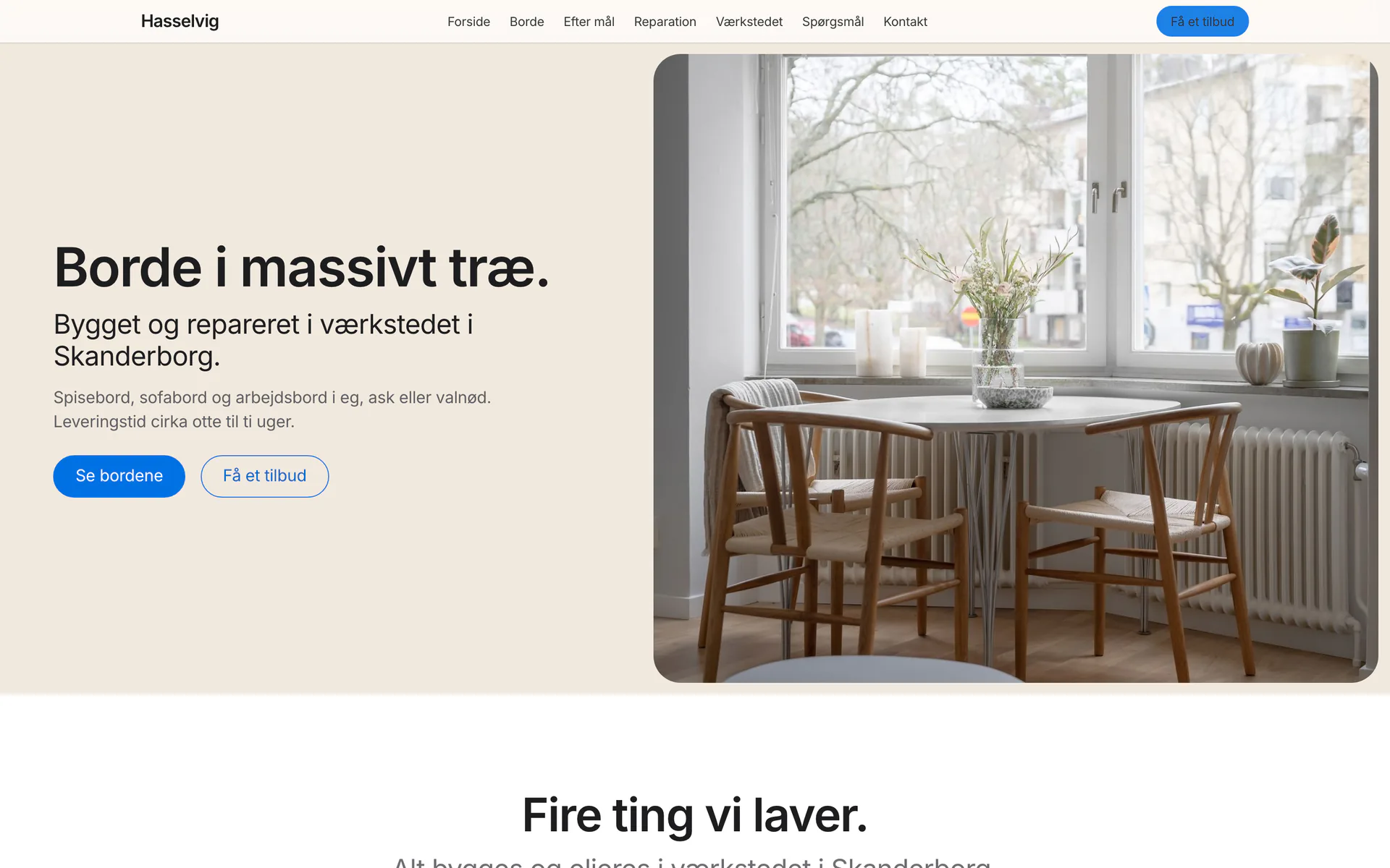 Forsiden af designet Produkt, vist med eksempelsiden Hasselvig Træbord, en opdigtet side for snedkerværksted