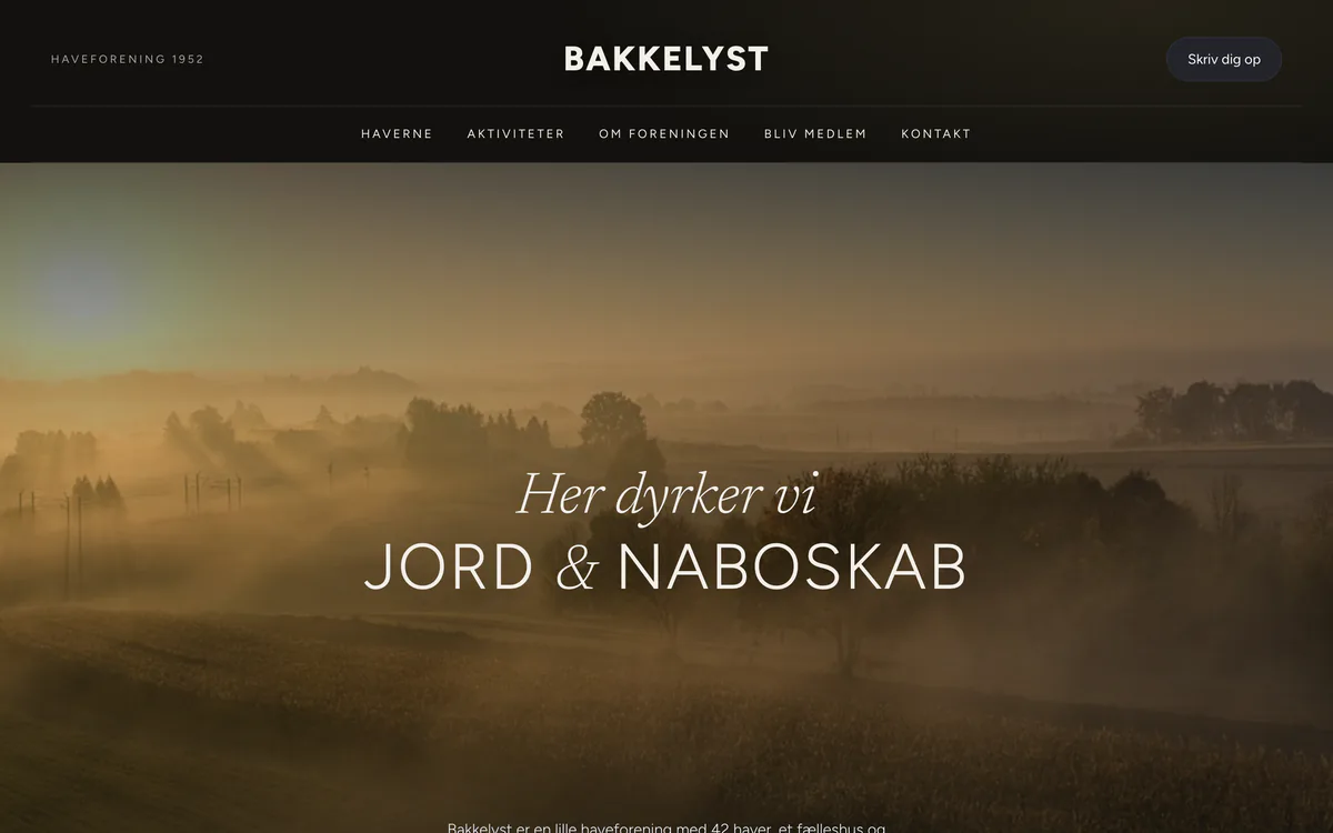 Forsiden af eksempelsiden Bakkelyst Haveforening, en opdigtet side for haveforening