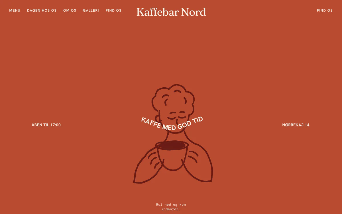 Forsiden af eksempelsiden Kaffebar Nord, en opdigtet side for kaffebar