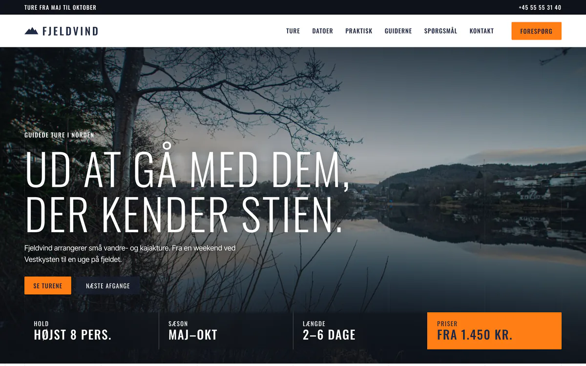 Forsiden af eksempelsiden Fjeldvind Friluftsrejser, en opdigtet side for friluftsrejser