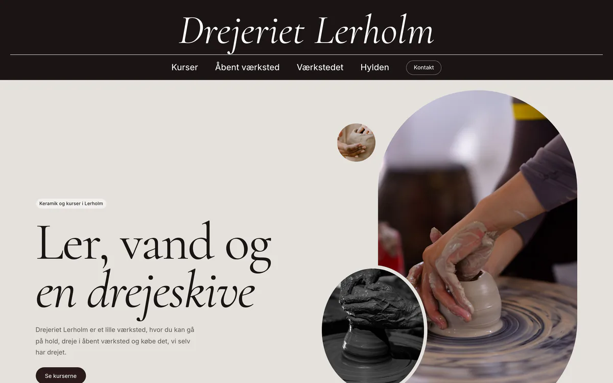 Forsiden af eksempelsiden Drejeriet Lerholm, en opdigtet side for keramikværksted