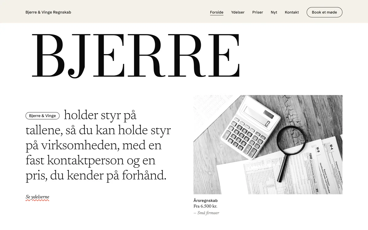 Forsiden af eksempelsiden Bjerre & Vinge Regnskab, en opdigtet side for regnskab og rådgivning