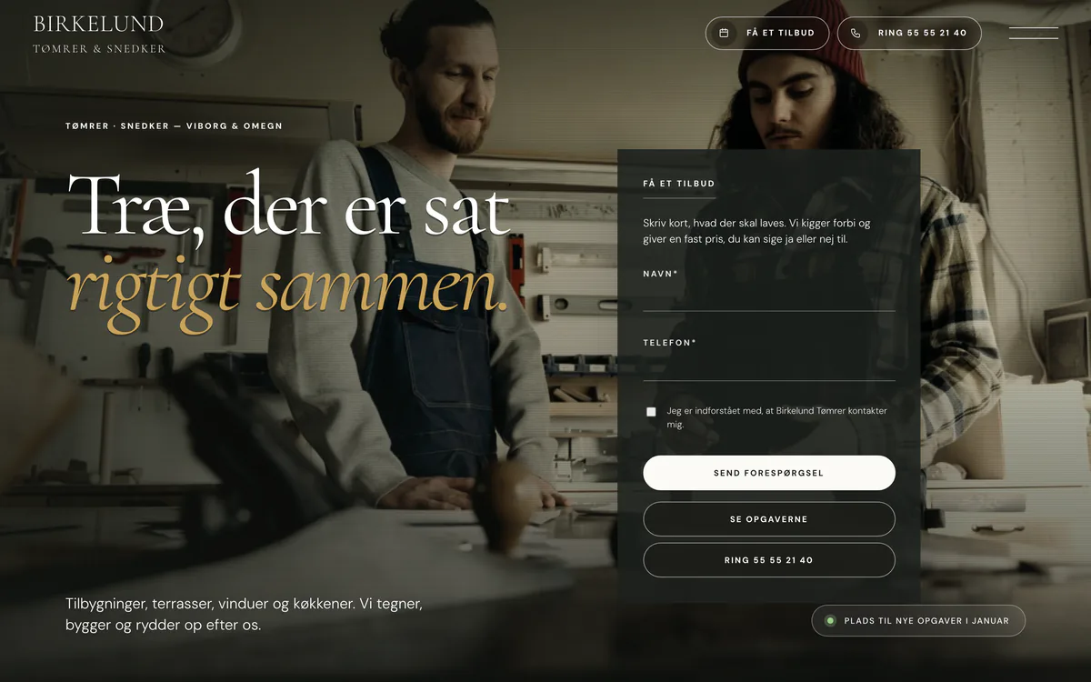 Forsiden af eksempelsiden Birkelund Tømrer & Snedker, en opdigtet side for tømrer og snedker