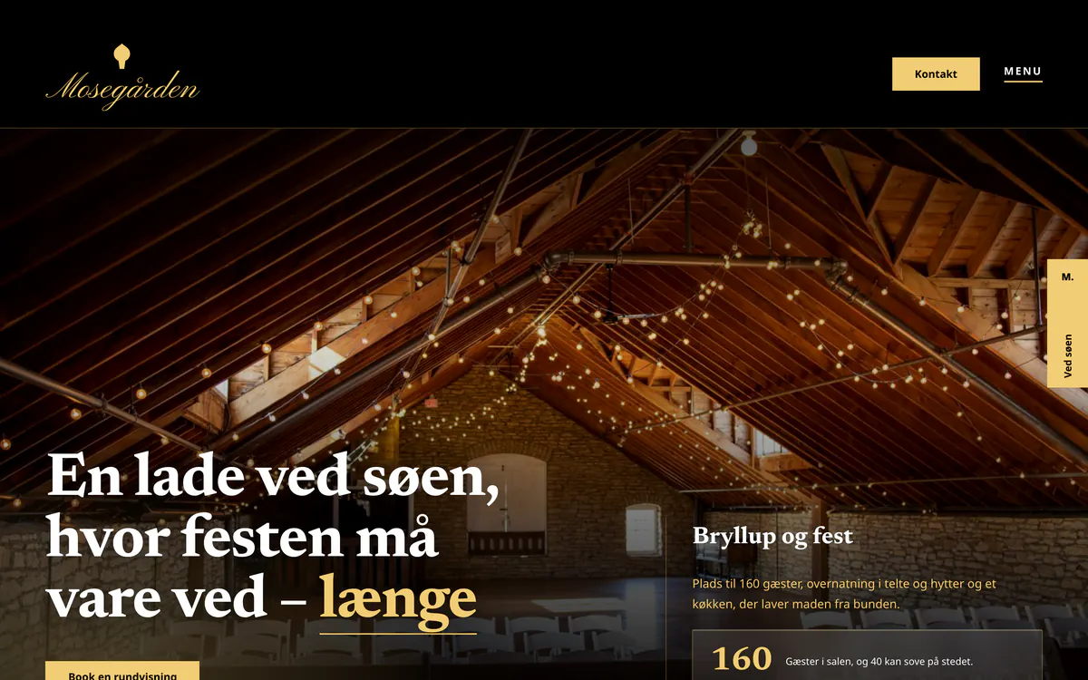 Forsiden af eksempelsiden Mosegårdens Lade, en opdigtet side for bryllupssted
